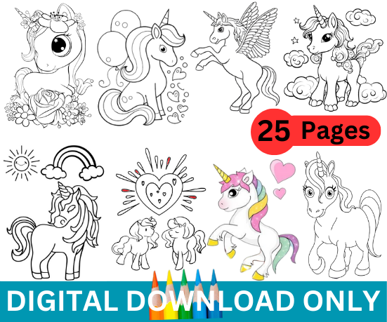 digital-product | 25 Unicorn Coloring Pages, Unicorn Printables Book Kids